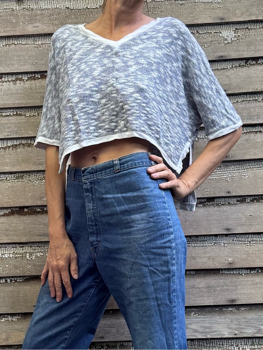 Gray & White Cropped Oversized V-Neck Knit Top